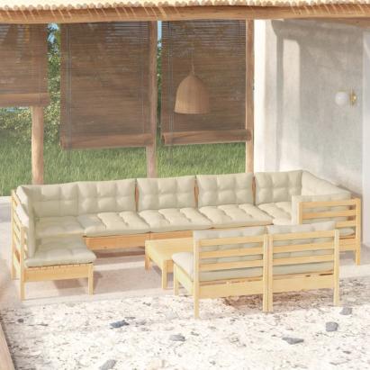 Set mobilier grădină cu perne crem, 10 piese, lemn masiv de pin GartenMobel Dekor