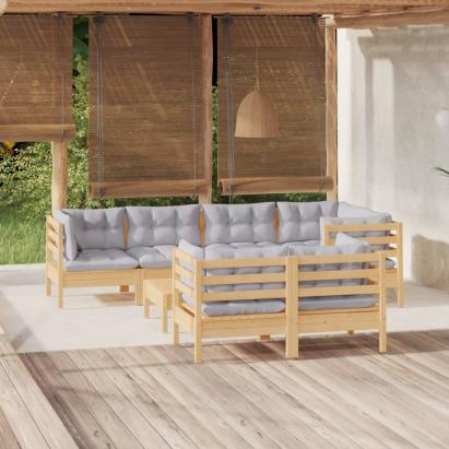 Set mobilier de grădină cu perne gri, 8 piese, lemn masiv pin GartenMobel Dekor