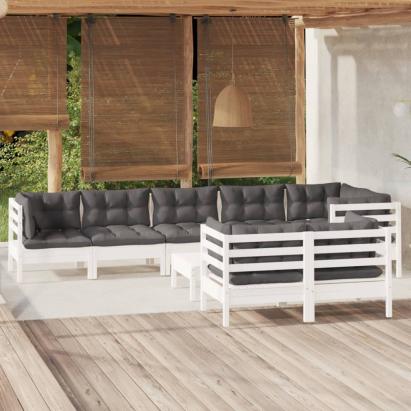 Set mobilier grădină cu perne, 9 piese, alb, lemn masiv pin GartenMobel Dekor