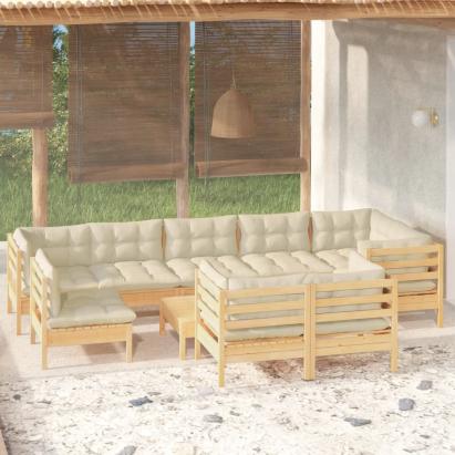 Set mobilier grădină cu perne crem, 10 piese, lemn masiv de pin GartenMobel Dekor