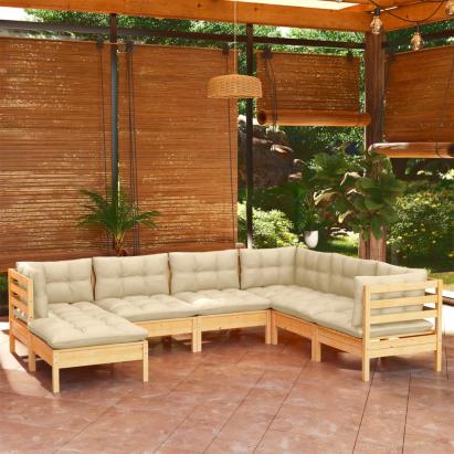 Set mobilier grădină cu perne crem, 7 piese, lemn masiv pin GartenMobel Dekor