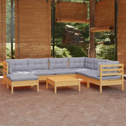 Set mobilier de grădină cu perne gri, 8 piese, lemn masiv pin GartenMobel Dekor