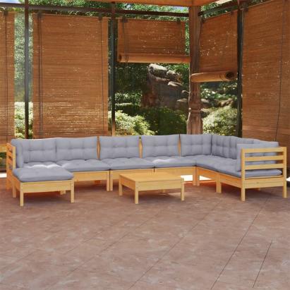 Set mobilier de grădină cu perne gri, 9 piese, lemn masiv pin GartenMobel Dekor