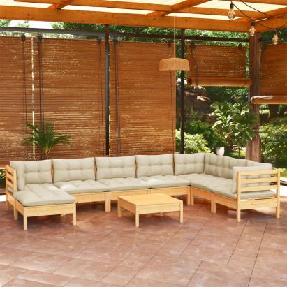 Set mobilier grădină cu perne crem, 9 piese, lemn masiv de pin GartenMobel Dekor