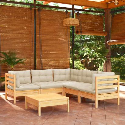 Set mobilier grădină cu perne crem, 6 piese, lemn masiv de pin GartenMobel Dekor