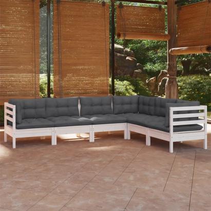 Set mobilier de grădină cu perne, 6 piese, alb, lemn masiv pin GartenMobel Dekor