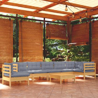 Set mobilier de grădină cu perne gri, 9 piese, lemn masiv pin GartenMobel Dekor