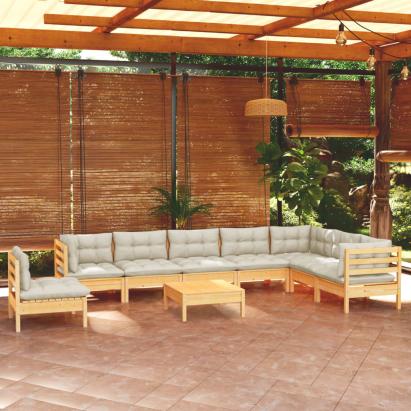 Set mobilier grădină cu perne crem, 9 piese, lemn masiv de pin GartenMobel Dekor