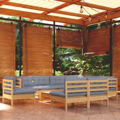 Set mobilier grădină cu perne, 10 piese, gri, lemn masiv pin GartenMobel Dekor