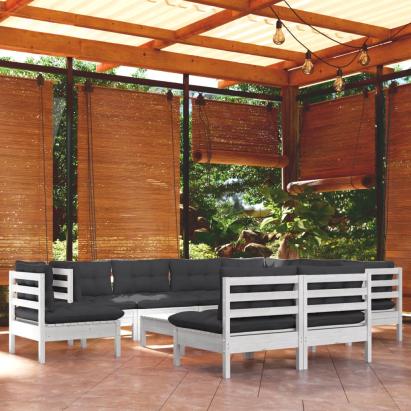 Set mobilier grădină cu perne, 10 piese, alb, lemn masiv pin GartenMobel Dekor