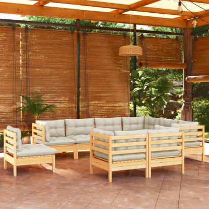 Set mobilier grădină cu perne crem, 9 piese, lemn masiv de pin GartenMobel Dekor
