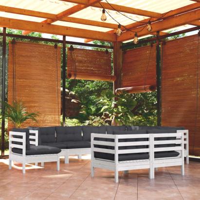 Set mobilier de grădină cu perne, 9 piese, alb, lemn masiv pin GartenMobel Dekor