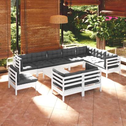 Set mobilier grădină cu perne, 11 piese, alb, lemn masiv pin GartenMobel Dekor
