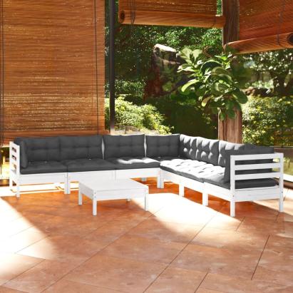 Set mobilier de grădină cu perne, 8 piese, alb, lemn masiv pin GartenMobel Dekor
