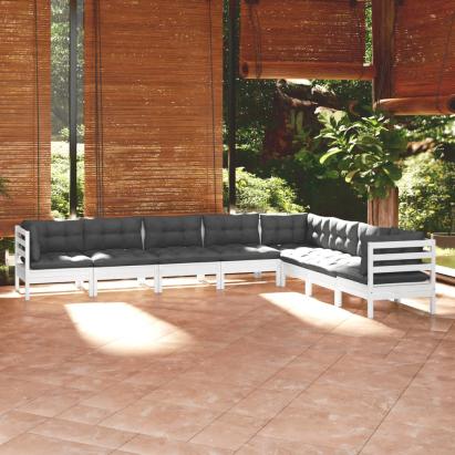 Set mobilier de grădină cu perne, 8 piese, alb, lemn masiv pin GartenMobel Dekor