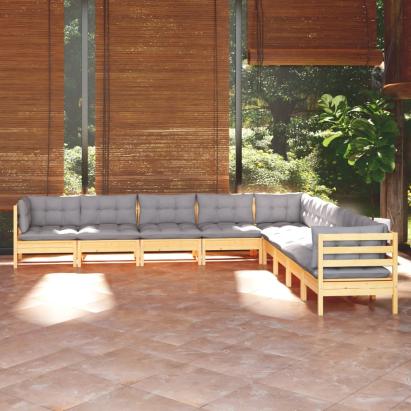 Set mobilier de grădină cu perne gri, 9 piese, lemn masiv pin GartenMobel Dekor