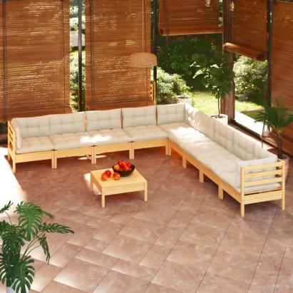 Set mobilier grădină cu perne crem, 10 piese, lemn masiv de pin GartenMobel Dekor