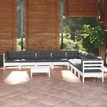 Set mobilier grădină cu perne, 10 piese, alb, lemn masiv pin GartenMobel Dekor