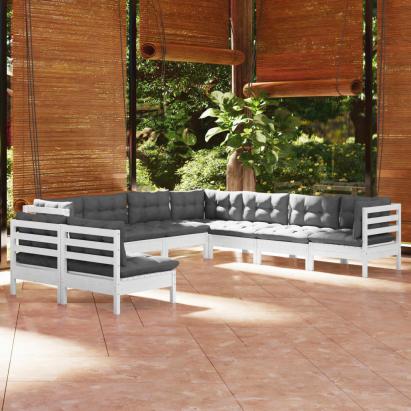 Set mobilier de grădină cu perne, 9 piese, alb, lemn masiv pin GartenMobel Dekor