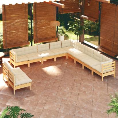 Set mobilier grădină cu perne crem, 11 piese, lemn masiv de pin GartenMobel Dekor