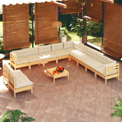 Set mobilier grădină cu perne crem, 12 piese, lemn masiv de pin GartenMobel Dekor