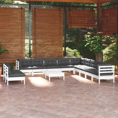 Set mobilier grădină cu perne, 12 piese, alb, lemn masiv pin GartenMobel Dekor
