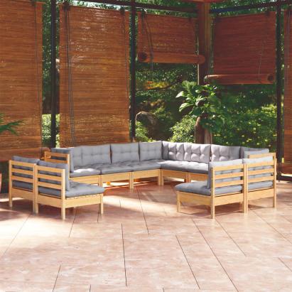 Set mobilier grădină cu perne, 11 piese, gri, lemn masiv pin GartenMobel Dekor
