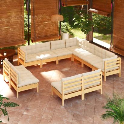 Set mobilier grădină cu perne crem, 11 piese, lemn masiv de pin GartenMobel Dekor