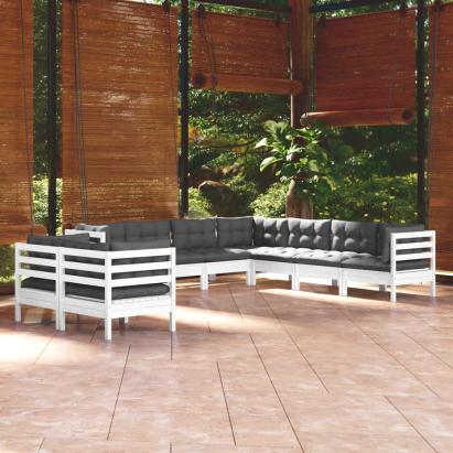 Set mobilier de grădină cu perne, 9 piese, alb, lemn masiv pin GartenMobel Dekor