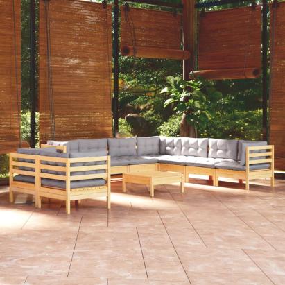Set mobilier grădină cu perne, 10 piese, gri, lemn masiv pin GartenMobel Dekor