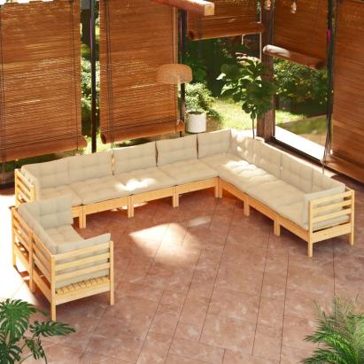 Set mobilier grădină cu perne crem, 10 piese, lemn masiv de pin GartenMobel Dekor