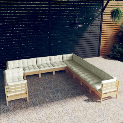 Set mobilier grădină cu perne crem, 11 piese, lemn masiv de pin GartenMobel Dekor