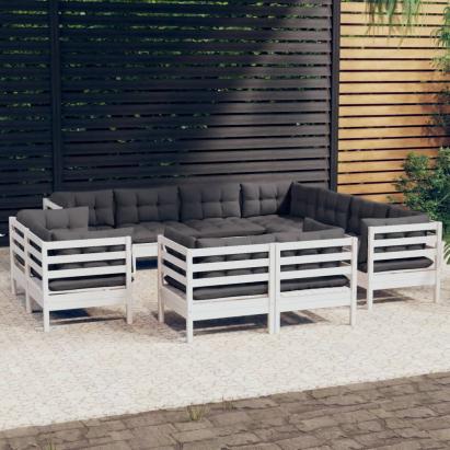 Set mobilier grădină cu perne, 11 piese, alb, lemn masiv pin GartenMobel Dekor