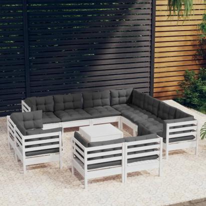 Set mobilier grădină cu perne, 12 piese, alb, lemn masiv pin GartenMobel Dekor
