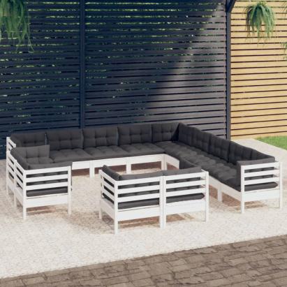 Set mobilier de grădină cu perne, 13 piese alb, lemn masiv pin GartenMobel Dekor