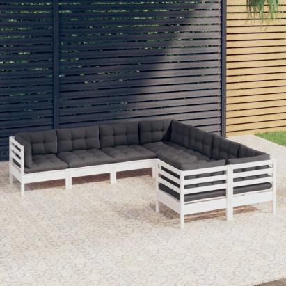 Set mobilier de grădină cu perne, 8 piese, alb, lemn masiv pin GartenMobel Dekor