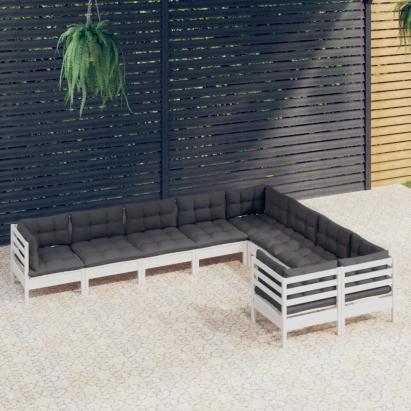 Set mobilier de grădină cu perne, 9 piese, alb, lemn de pin GartenMobel Dekor