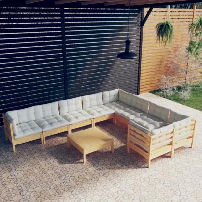Set mobilier grădină cu perne crem, 10 piese, lemn de pin GartenMobel Dekor