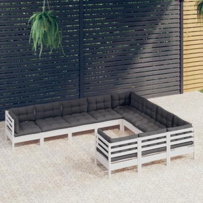 Set mobilier grădină cu perne, 10 piese, alb, lemn de pin GartenMobel Dekor