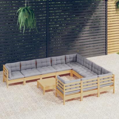 Set mobilier grădină cu perne, 11 piese, gri, lemn de pin GartenMobel Dekor