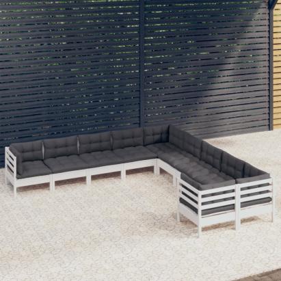 Set mobilier grădină cu perne, 10 piese, alb, lemn de pin GartenMobel Dekor
