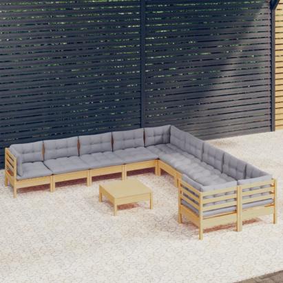 Set mobilier grădină cu perne, 11 piese, gri, lemn de pin GartenMobel Dekor