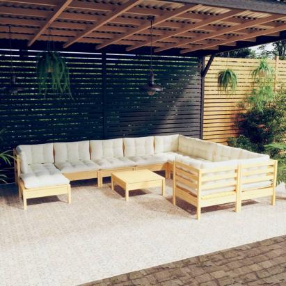 Set mobilier grădină cu perne crem, 11 piese, lemn de pin GartenMobel Dekor