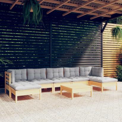 Set mobilier de grădină cu perne, 8 piese, gri, lemn de pin GartenMobel Dekor