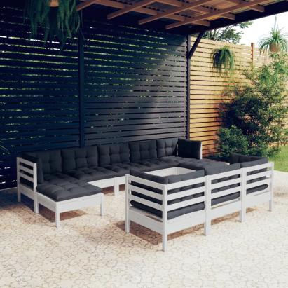 Set mobilier de grădină cu perne, 10 piese, alb lemn masiv pin GartenMobel Dekor