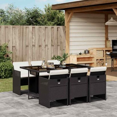 Set mobilier de grădină cu perne, 7 piese, negru, poliratan GartenMobel Dekor