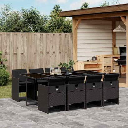 Set mobilier de grădină cu perne, 9 piese, negru, poliratan GartenMobel Dekor