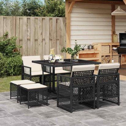 Set mobilier de grădină cu perne, 9 piese, negru, poliratan GartenMobel Dekor