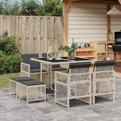 Set mobilier grădină cu perne, 9 piese, gri deschis, poliratan GartenMobel Dekor