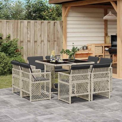 Set mobilier grădină cu perne, 9 piese, gri deschis, poliratan GartenMobel Dekor
